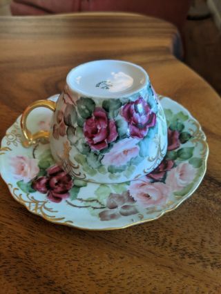 Jean Pouyat Limoges J.  P.  L.  France Pink Roses Cup And Saucer China (1906 - 1932)
