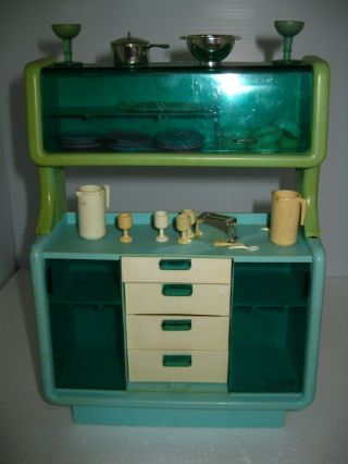 Vintage 1978 Barbie Mattel Dream House Hutch Cabinet W/dishes Pans Plus