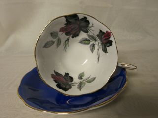 Royal Albert Avon Style Tea Cup & Saucer Cobalt Blue Masquerade Red Black Rose