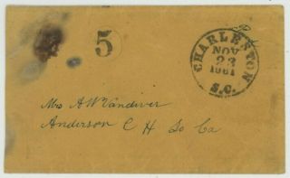 Mr Fancy Cancel Csa Stampless Cover Charleston Sc 1861 Cds 5 (due) Ms Paid