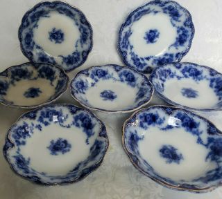 (7) Antique Grindley Flow Blue Florida Dessert/fruit Bowls England C.  1891 Rare