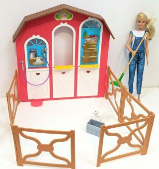 Barbie Sweet Orchard Farm Barn Playset Doll Sheep Fence Tools Accessories Set