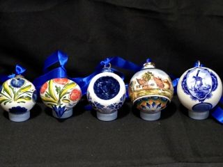 5 Delft Christmas Ornaments Teardrop Indent Signed By Artist Windmill Tulips