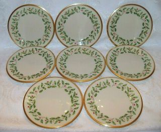 Set Of 8 Lenox Holiday Dimension 6 1/4 Bread Butter Plates Gold Rim,  Holly