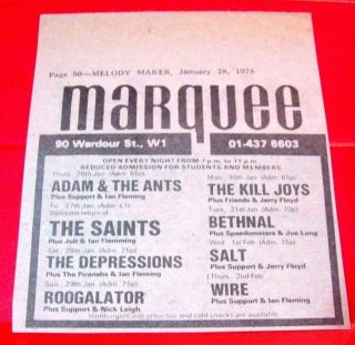 Adam And The Ants/saints/wire Gig Vintage Orig 1978 Press/mag Advert 4 " X 3.  5 "