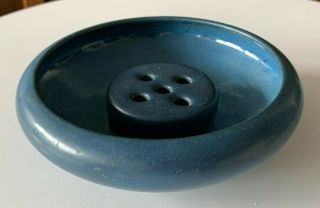 Vintage Marblehead Pottery Matte Blue Low Bowl And Flower Frog