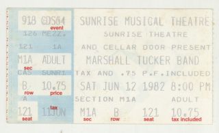 Rare Marshall Tucker Band 6/12/82 Sunrise Fl Concert Ticket Stub Miami