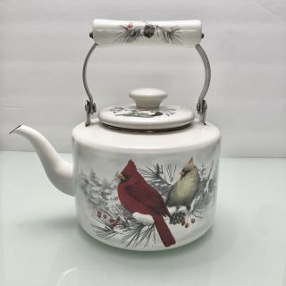 Rare Lenox Winter Greetings Enamel Tea Coffee Kettle Red Cardinal Birds Finch