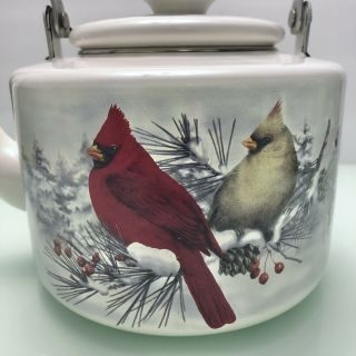 RARE LENOX WINTER GREETINGS ENAMEL TEA COFFEE KETTLE RED CARDINAL BIRDS FINCH 2