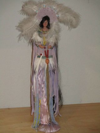 Native American Indian Tassel Doll Unbranded 16 " Tall Large Feather Hat Good