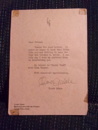 1941 Clark Gable (d.  60) Autographed Signed Fan Letter