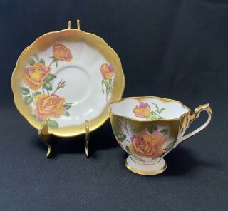 Cabbage Roses Teacup Saucer Heavy Gold,  Queen Anne