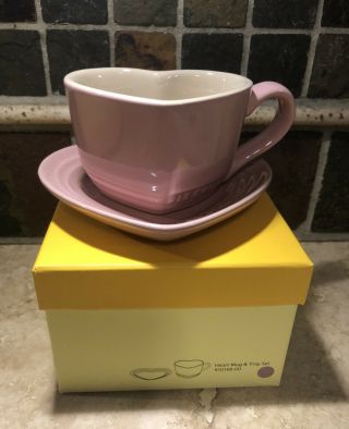 " Satin Pink " Le Creuset Heart Shaped Mug & Plate Nwt Stoneware Tray Coffee Tea