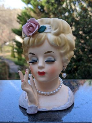 1961 Inarco E - 193/s Hand - Painted Lady Head Vase: Rose In Blonde Hair & Pearls
