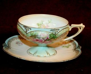 Pedestal Rs Prussia Tea Cup & Saucer W/ Pink Roses And Fine Gold Highlights Rm