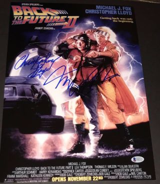 Michael J Fox Christopher Lloyd Back To The Future 2 Signed 12x18 Poster Bas
