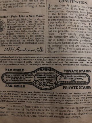 1894 Warners Safe Cure Almanac Showing Post 1883 Private Medicine Stamp
