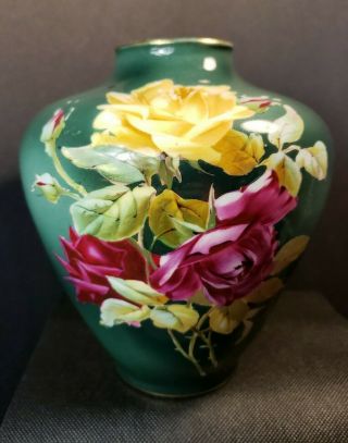 Antique Robert Hanke Royal Wettina 7 " Vase Green Yellow Roses Flowers Austria