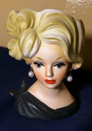 Stunning Vintage Napcoware C7313 Head Vase - Blonde W Black Dress Pearl Earrings