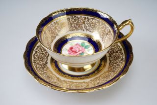 Fine Vintage Paragon Double Crest Tea Cup & Saucer Gold Blue Pink Rose Medallion