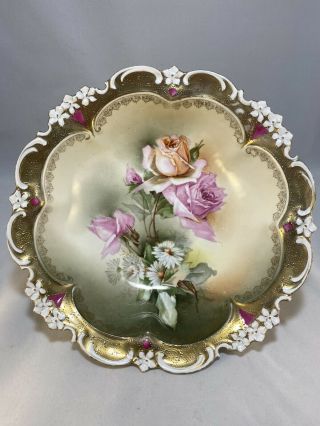 Antique Rs Prussia 10” Bowl,  Gold And Roses