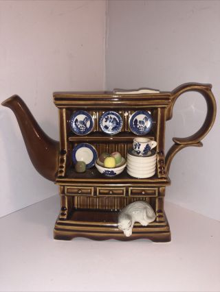Signed Paul Cardew Blue Willow Med Welsh Dresser - Shaped Earthenware Teapot W/lid