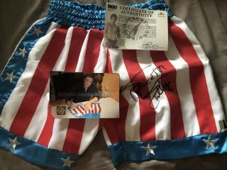 Sylvester Stallone Rocky Balboa Autographed Flag Boxing Trunks Asi Proof And Pic