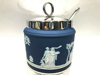 C.  1860 Wedgwood Jasperware Blue Marmalade Jar W/lid & Silver Plated Spoon