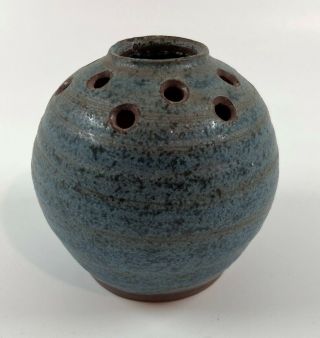 Vintage Mid Century Denis Vibert Art Pottery Blue Flower Frog Vase Signed Maine