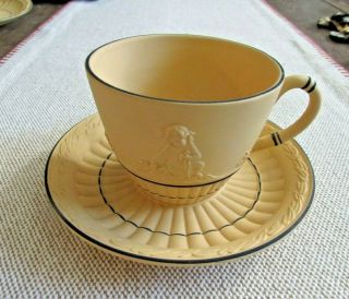 Antique Wedgwood Yellow Black Caneware Pottery Cup & Saucer Raised Cherubs