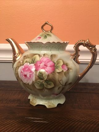 Vintage Lefton Heritage Green Pink Roses Teapot Gold Trim Embossed