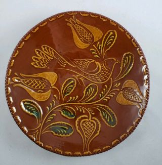 Vintage Ned Foltz Redware Pottery Bird & Tulip Plate Dish 1993