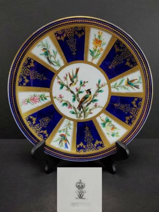 Antique 19th C.  Royal Crown Derby Hand Painted Cabinet Plate,  Birds,  Cobalt