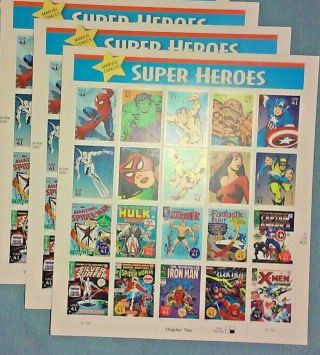 Three Sheets X 20 = 60 Of Marvel Comics Heroes 41¢ Us Ps Stamps.  Sc 4159
