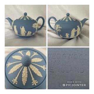 Vintage Wedgwood England Blue & White Jasperware Large 5 " Teapot W/ Lid