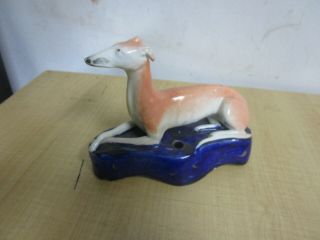 Antique Staffordshire ? Porcelain Greyhound Whippet Dog On Pillow Figurine,