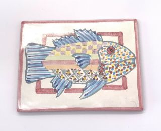 Vintage Mackenzie Childs Pink Fish Tile Terracotta Trivet Signed 8x6 Ec