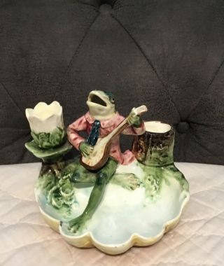 Antique Majolica Pottery Frog Playing Mandolin Smoke Set Match W/ Holder Marked