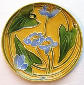 Old French Majolica Plate Signed Schramberg Villeroy Boch: Blue Water Lilies