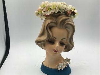 Vintage Lady Head Vase - Napco Ware C 6626 - Blue Dress With Flowers - 7”