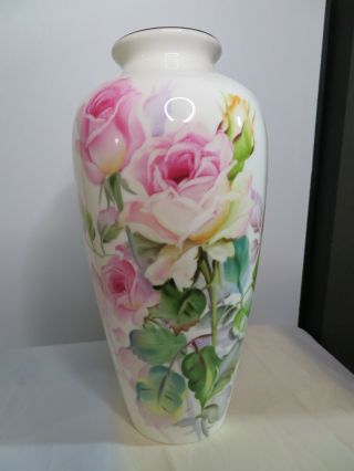 Noritake Nippon Bone China Toki Kaisha Japan Hp Artist Signed Pink Roses Vase
