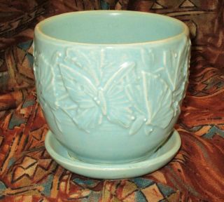 Vintage Nelson Mccoy Pottery 5 " Planter Aqua Green Butterfly Flower Pot Vase