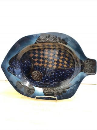 Vintage Arabia Finland,  Atelse Brown Blue Cobalt Blue Fish Shape Serving Plate,