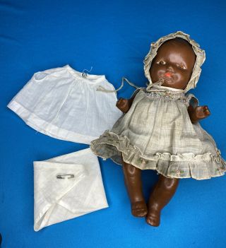 Vintage Composition Black Baby Doll With Antique Bonnet,  Dress & Clothes
