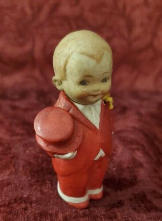 Antique/vintage German All Bisque Boy Nodder Doll In Red 3 " Molded Features Hat
