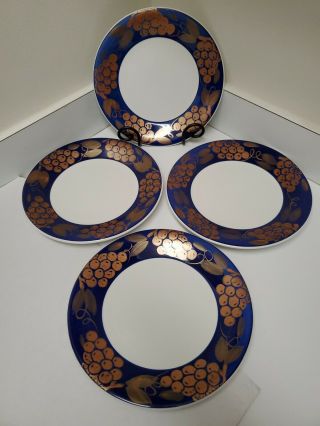 Pier 1 Tuscany Gold Cobalt Blue Dinner Plates Set Of 4 Handpainted - Italy Euc