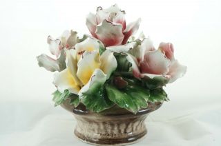 CAPODIMONTE Large Vintage Rose Centerpiece Flower Vase Italy Pink & Yellow 2