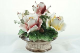 CAPODIMONTE Large Vintage Rose Centerpiece Flower Vase Italy Pink & Yellow 3