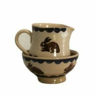 Nicholas Mosse Pottery Small Creamer Pitcher And Bowl With Bunny Rabbit