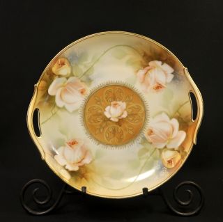 Rs Germany Cake Plate Handled Hand Painted Pink Roses W/gold Outlining 1910 - 1945